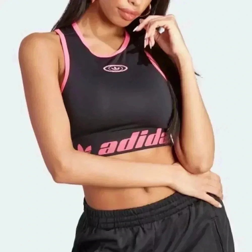 NWT Adidas multiple Logo casual athletic yoga workout pink black bra top  XS/L